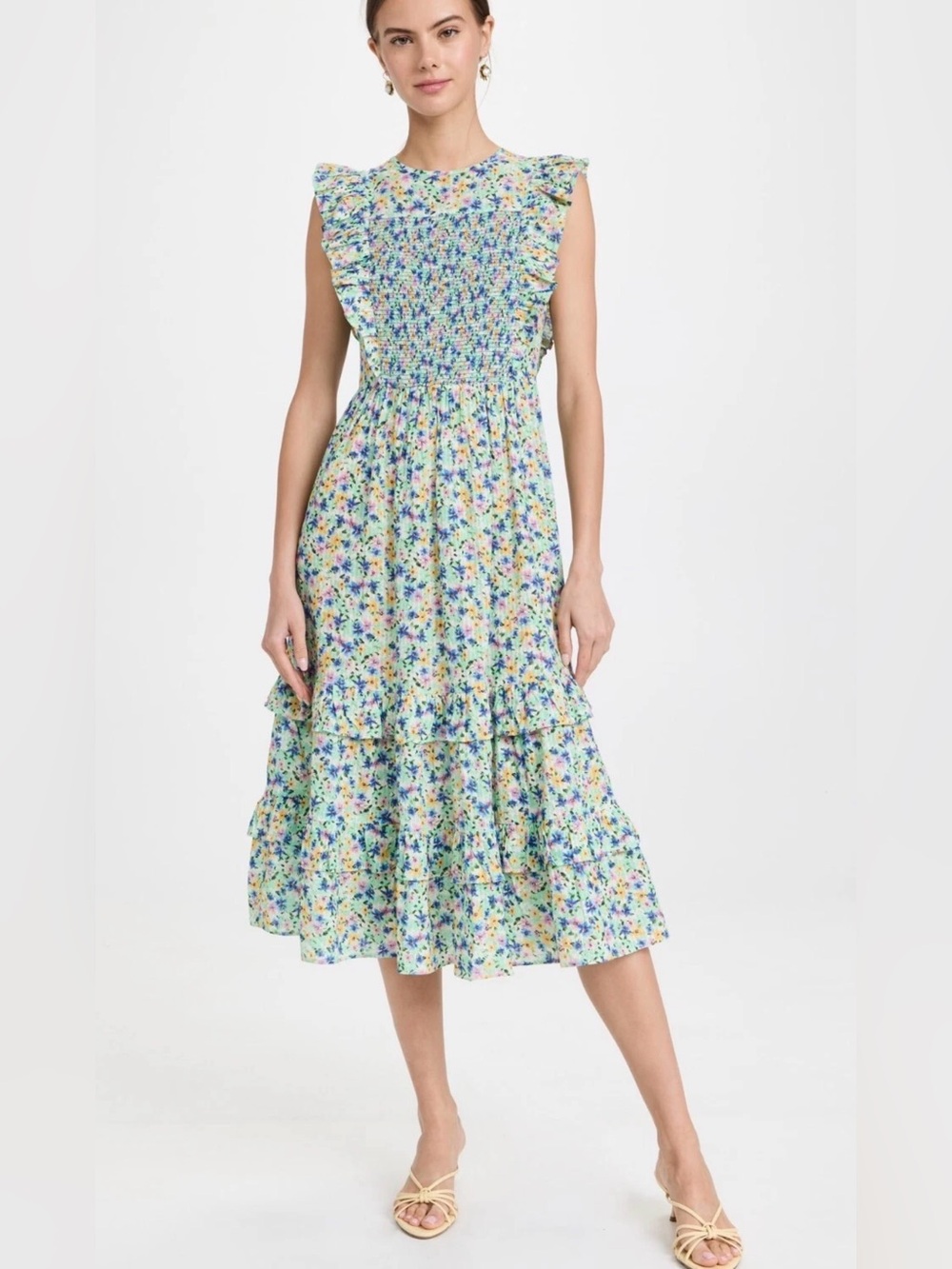 Shoshanna Taos Dress Women's Floral Printed Cap Sleeve Ruffle Midi Cotton 6